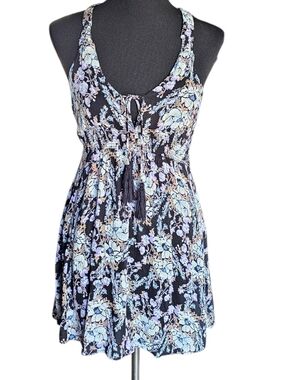 Free People Washed Ashore MiniDressXS Black Floral Halter Backless Boho Festival